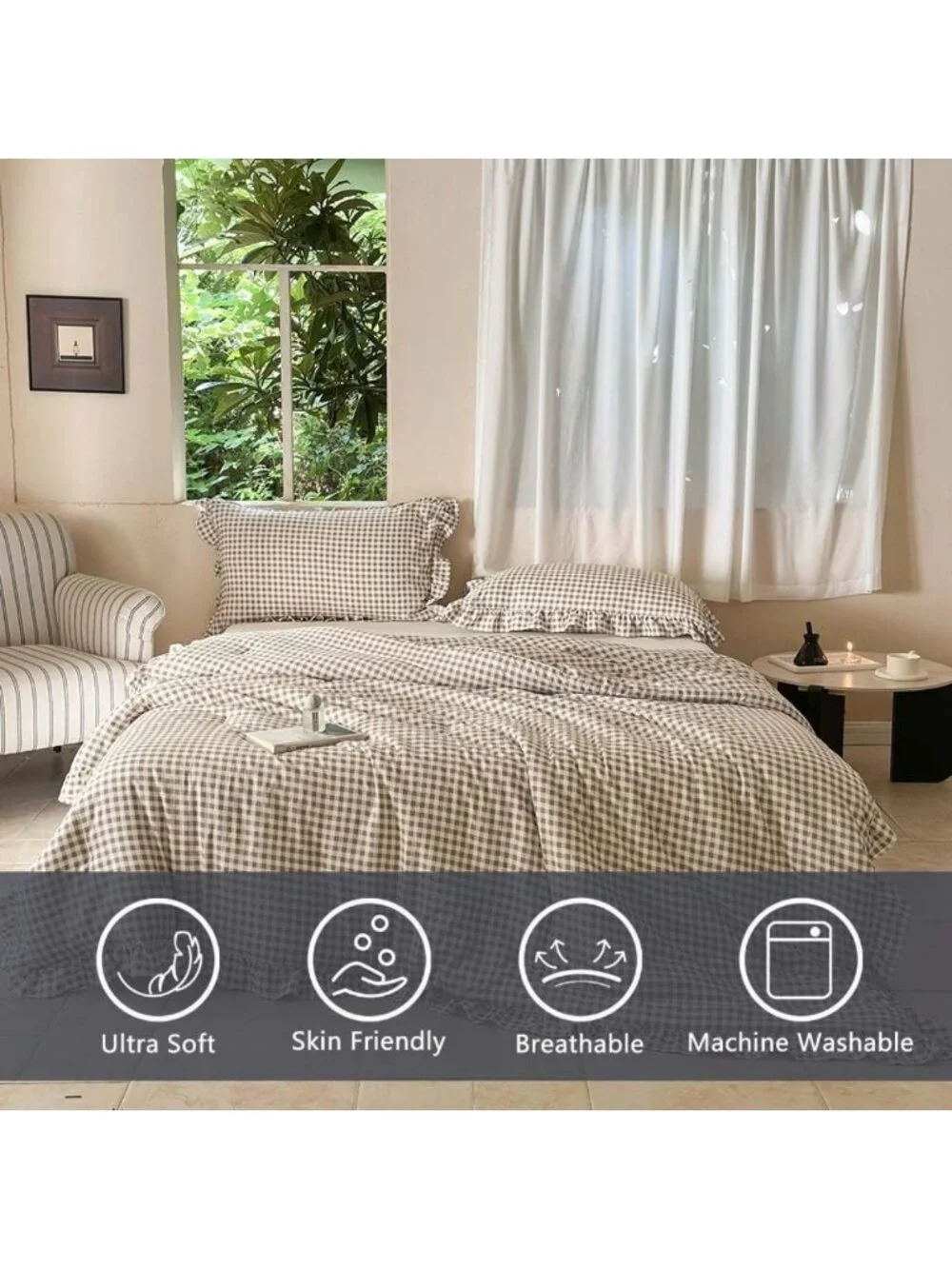 Tan Ruffled Gingham King Comforter Set | Cozy Bedding | Farmhouse Style Decor